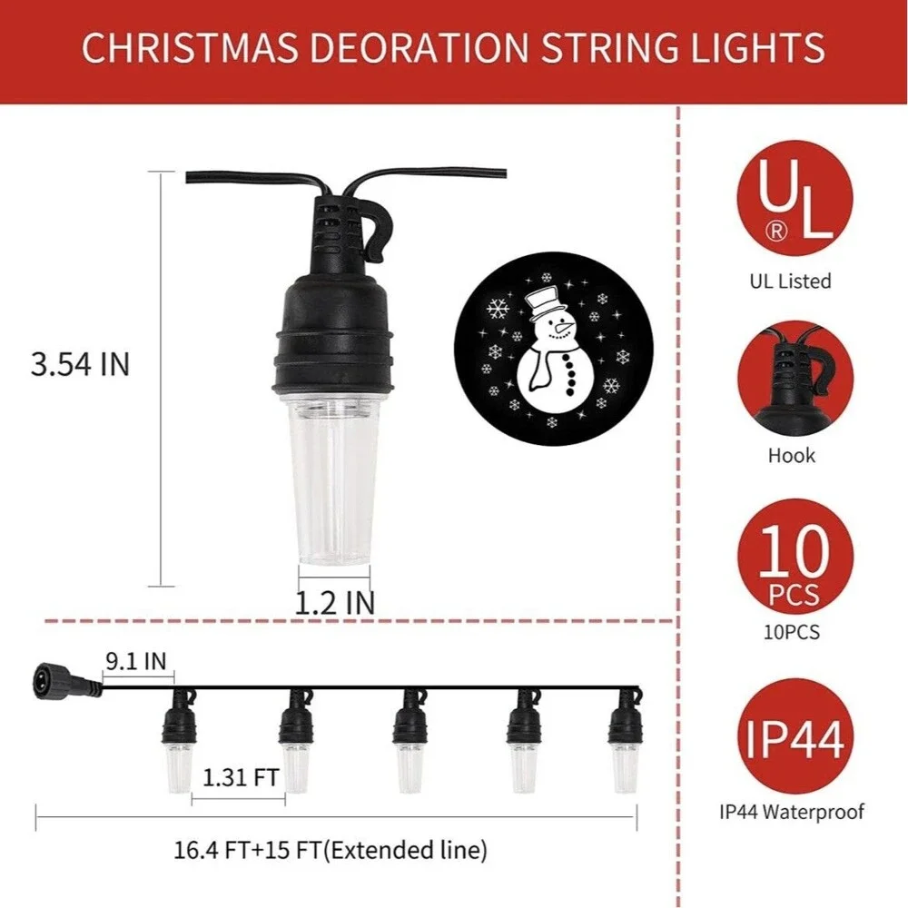 10 LED Snowman Picture Projector String Lights Christmas Snowflake 14.5ft White
